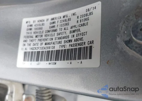 2014 Honda Accord Lx из США, поврежденный, VIN 1HGCR2F30EA299136